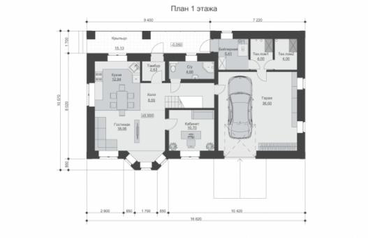 Одноэтажный дом с мансардой, комнатой отдыха и кабинетом